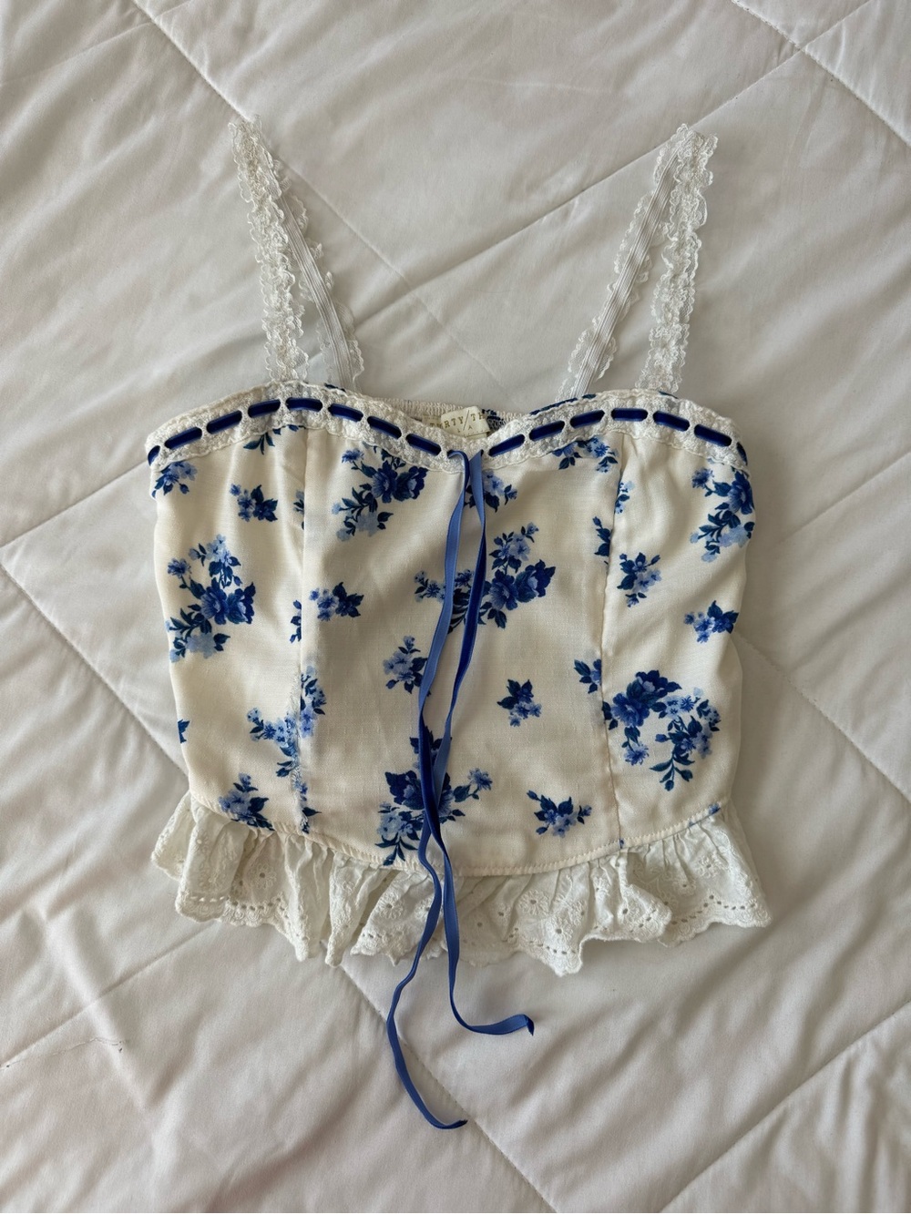 White and Blue Floral Lace-Trim Cami Tank